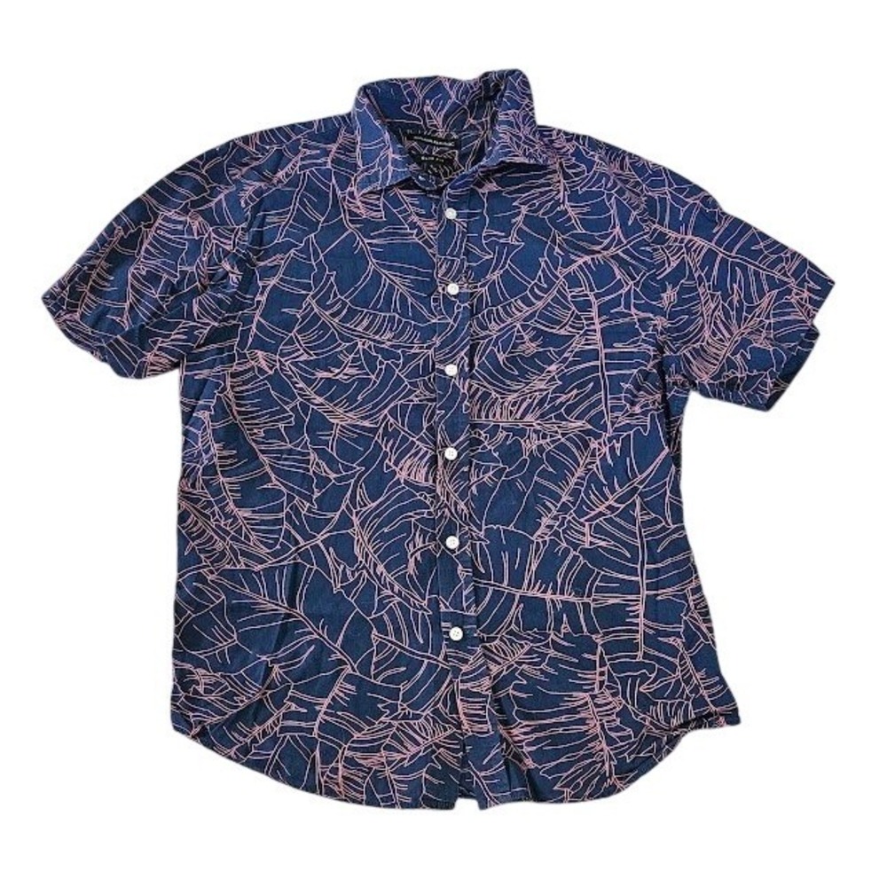 Banana Republic Slim Fit Button Down Shirt Men Large Navy Pink Palm Short Sleeve